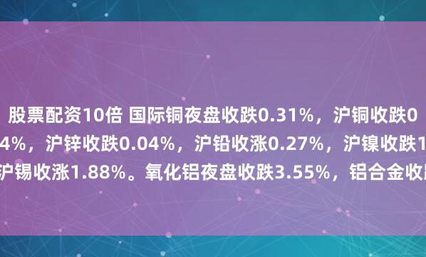 股票配资10倍 国际铜夜盘收跌0.31%，沪铜收跌0.15%，沪铝收跌0.34%，沪锌收跌0.04%，沪铅收涨0.27%，沪镍收跌1.25%，沪锡收涨1.88%。氧化铝夜盘收跌3.55%，铝合金收跌0.24%。不锈钢夜盘收跌0.81%。